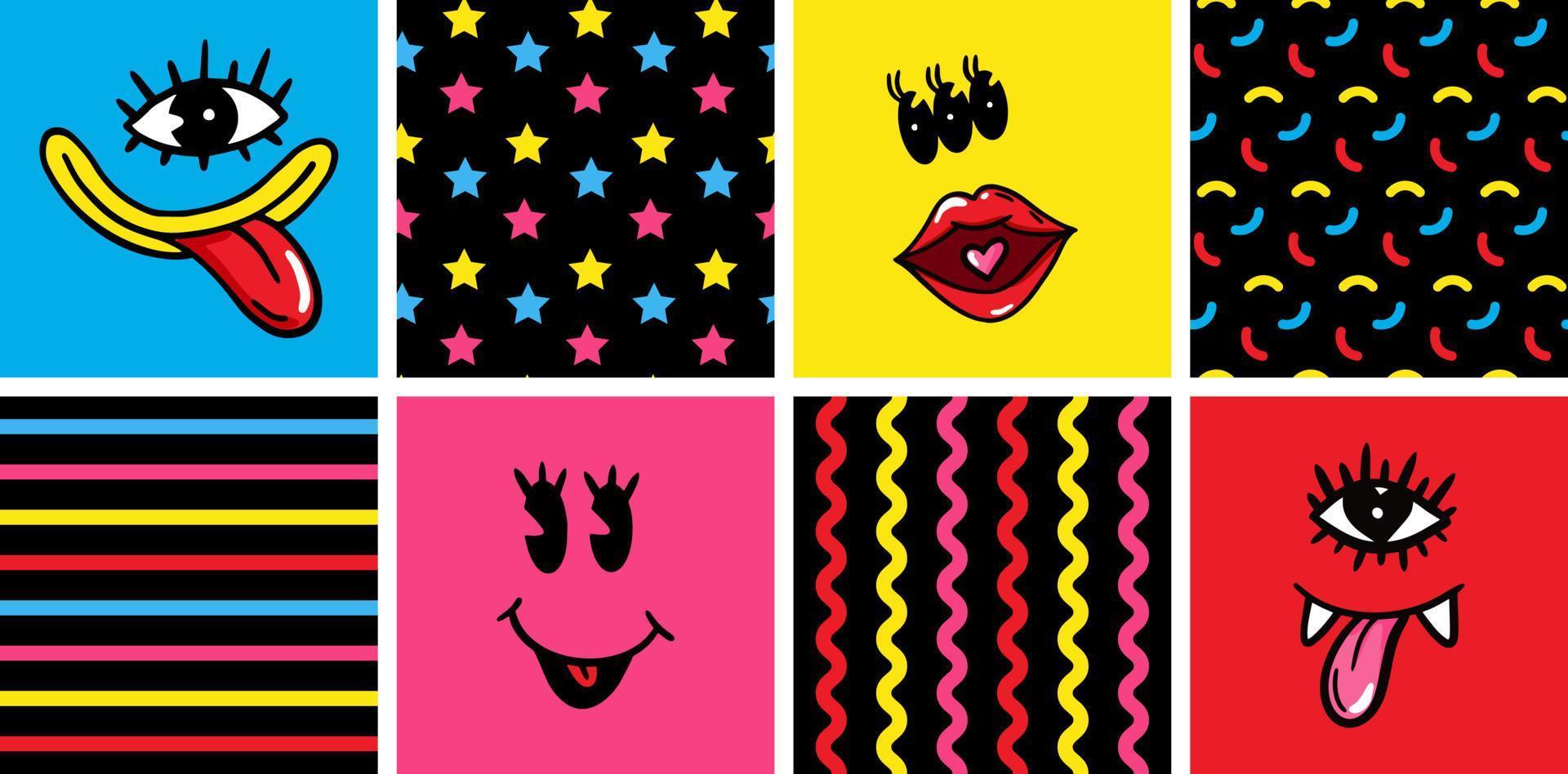 Set of abstract posters with weird comic faces. Hand drawn vector illustration