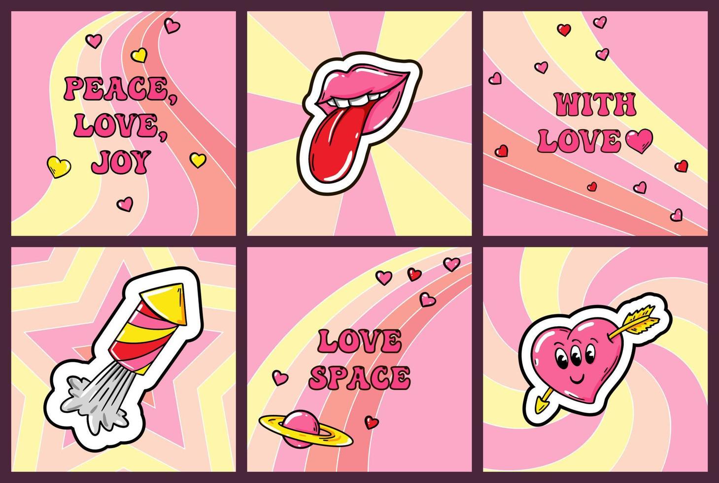 Set of square trendy love posters with cute comic illustrations. Groovy vector design.