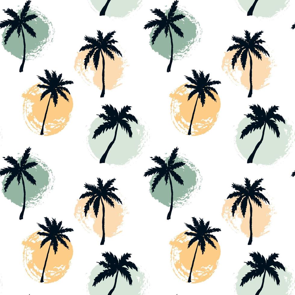 Hand drawn summer seamless pattern with palm trees and paint circles. Vector illustration