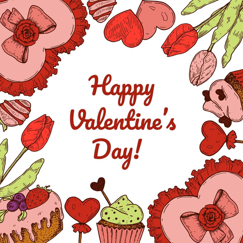 Valentines day greeting card with hand drawn elements. Vector illustration