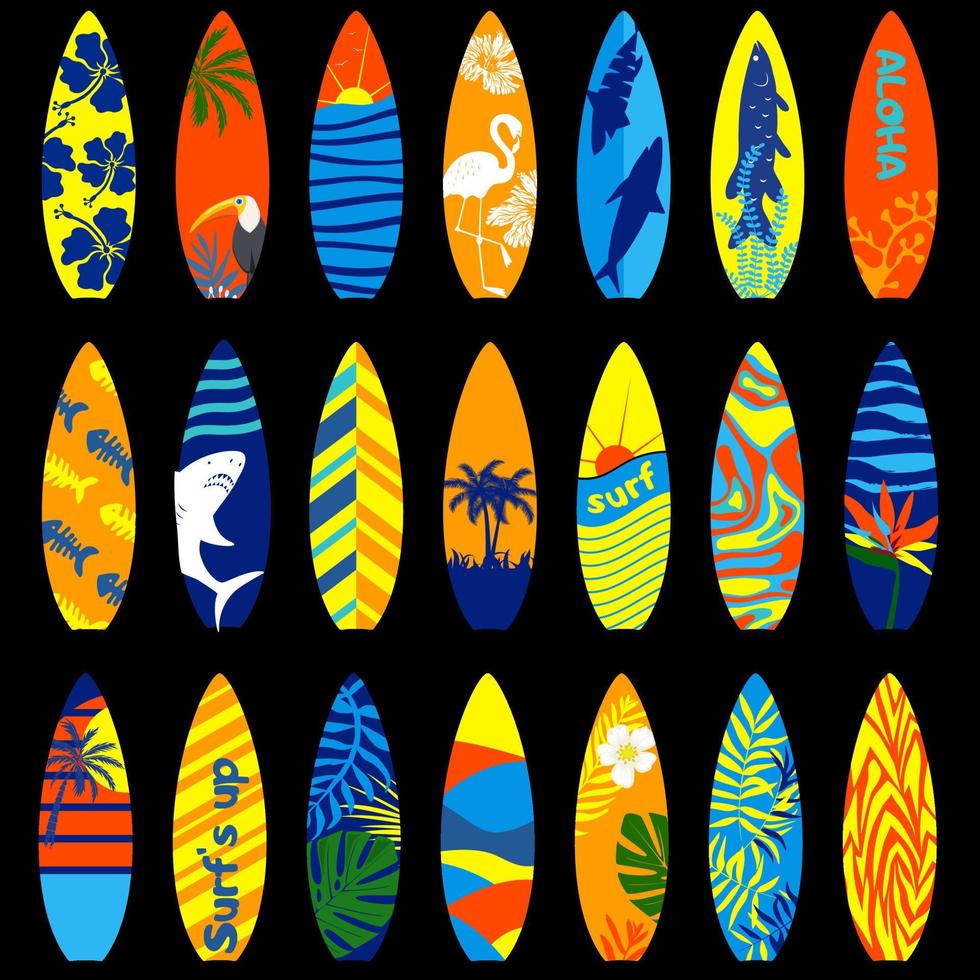 Collection of various surfboards. Bright prints for summer clothes. vector