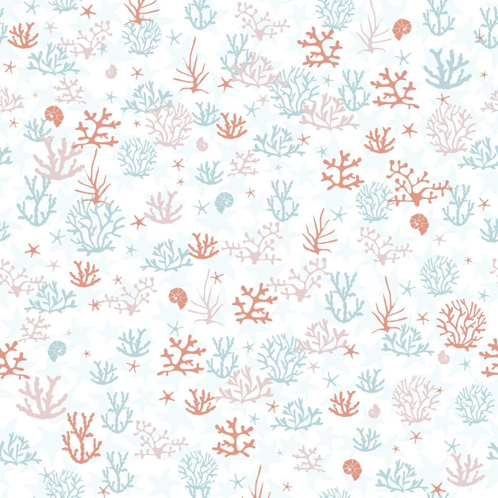 Different corals with shells, seastars on a white background vector
