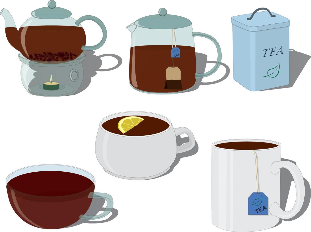 teteras, recipientes de té y tazas de colección de té ilustración vectorial vector