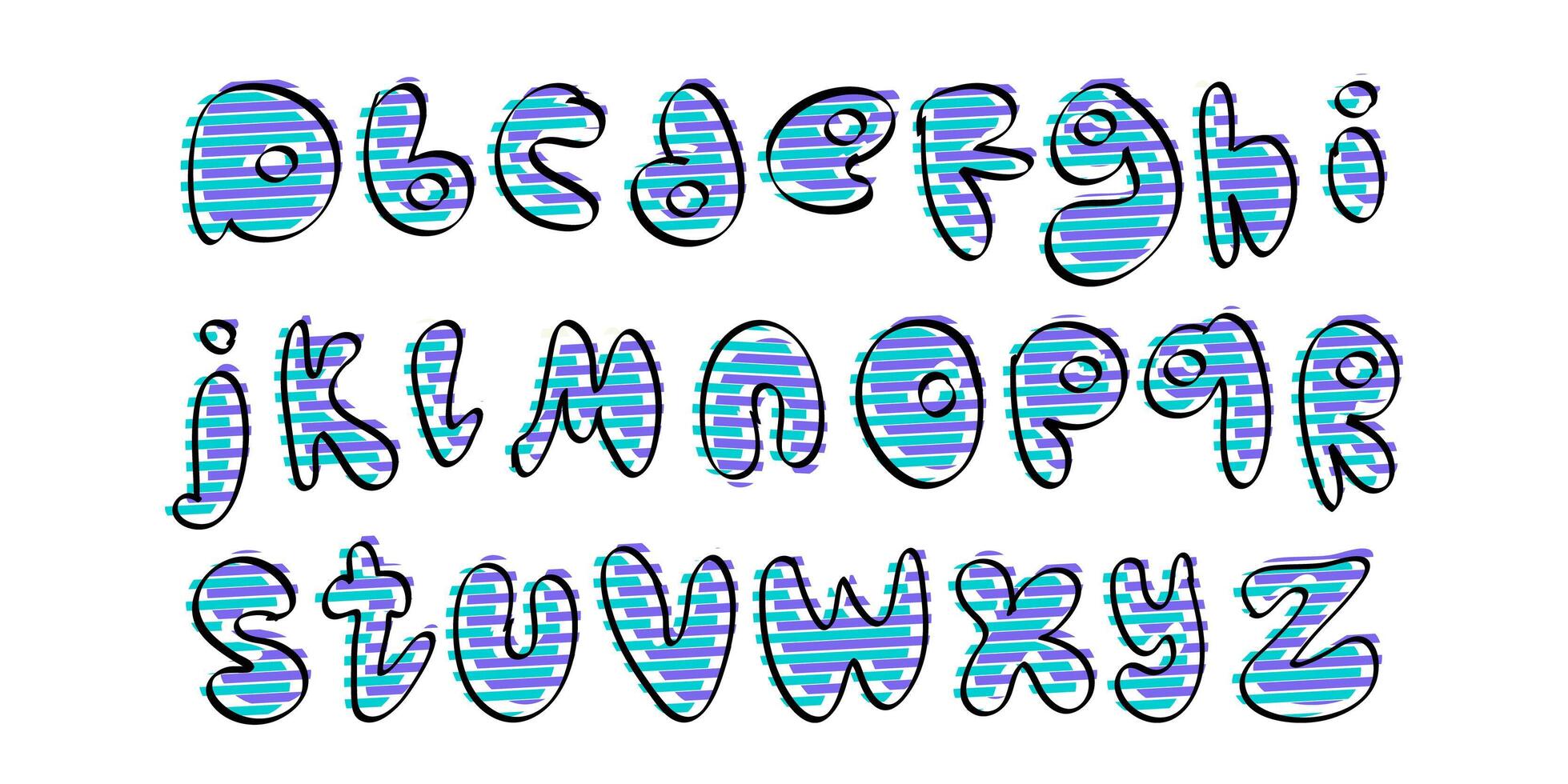 Freehand doodle style font with glitch effect. Alphabet with rounded blown letters. Good for postcards, posters, menu designs or children's books. illustration. vector