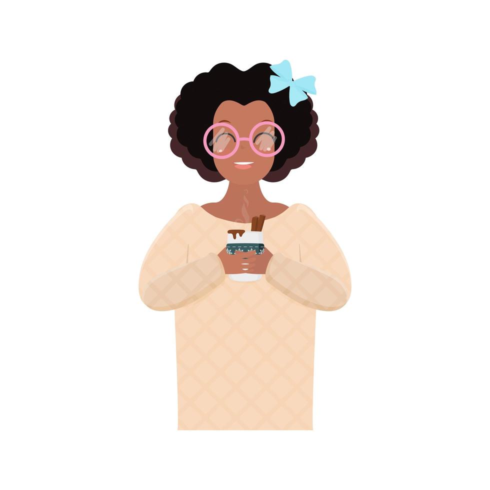 la chica negra sostiene una bebida caliente. niña afroamericana tomando café o chocolate caliente. aislado. vector. vector