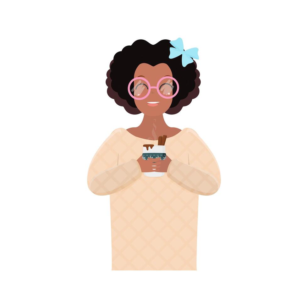 The black girl is holding a hot drink. African American girl drinking coffee or hot chocolate. Isolated. Vector. vector