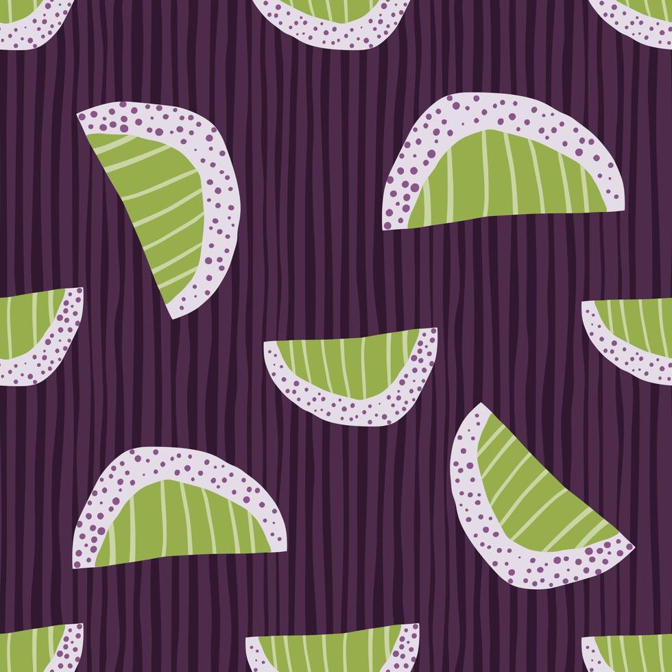Random seamless abstract slices pattern. Hand drawn fruit shapes in green light tones on purple stripped background. vector
