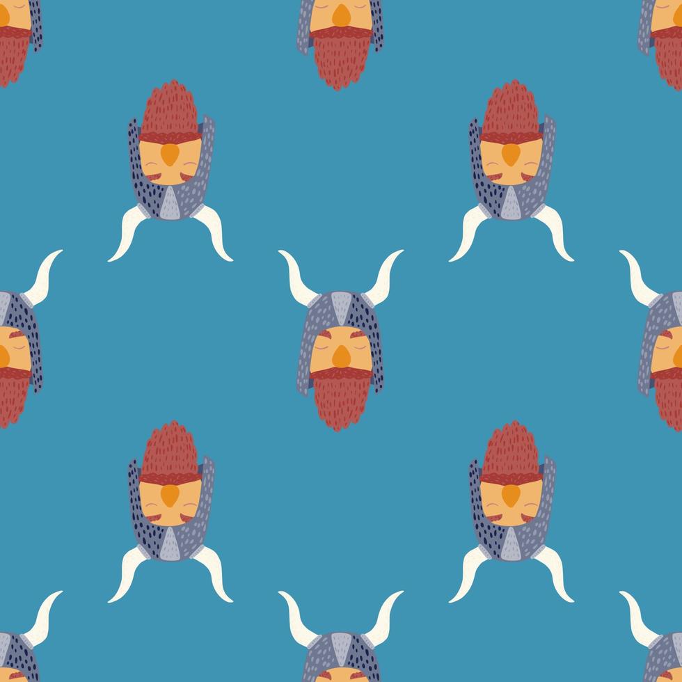 Bright seamless doodle pattern with kids boy norway viking man. Blue background. vector