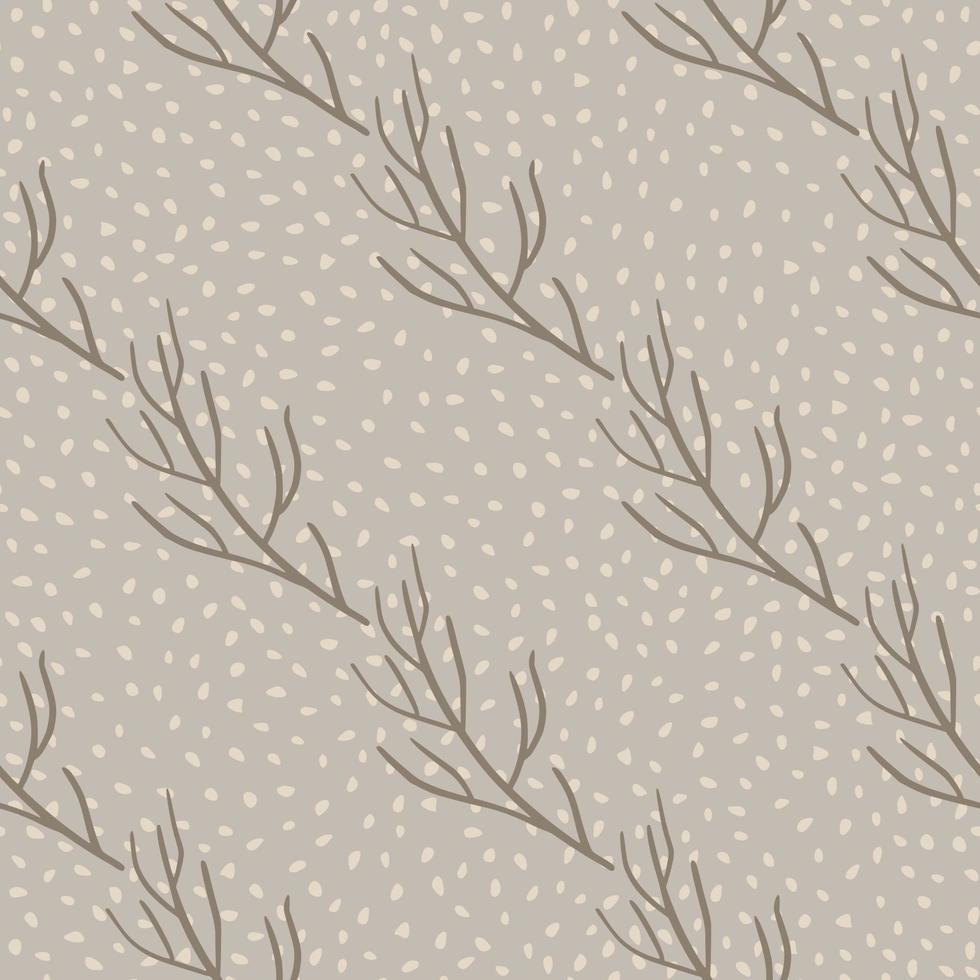Scrapbook seamless pattern in autumn tones with simple branch shapes. Beige dotted background. vector