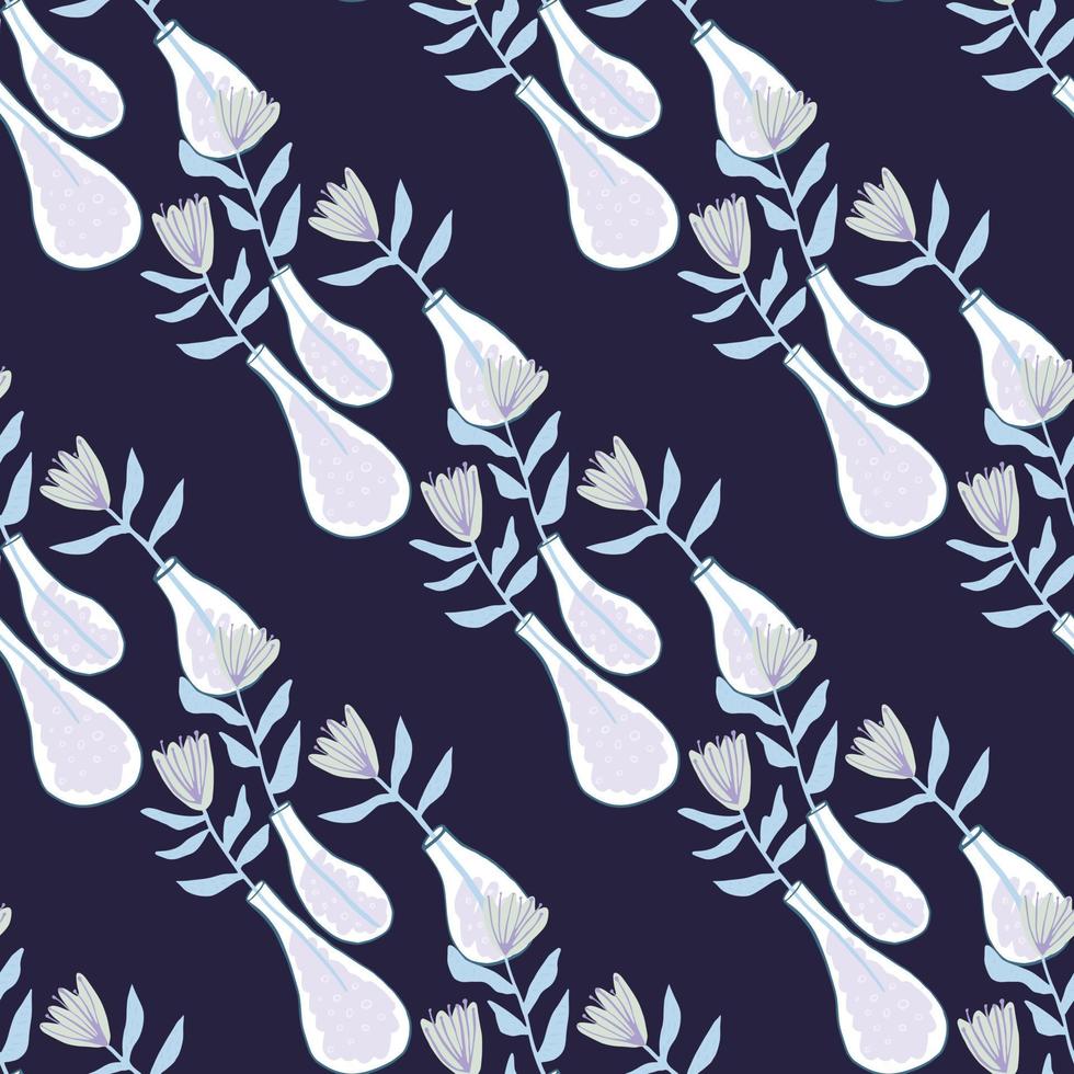 Dark hand drawn flowers in a vases seamless pattern. Navy blue background with light naive ornament. vector