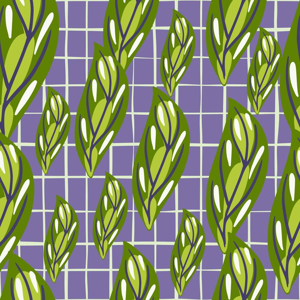 Abstract flora seamless pattern with bright green random leaf shapes. Purple chequered background. vector