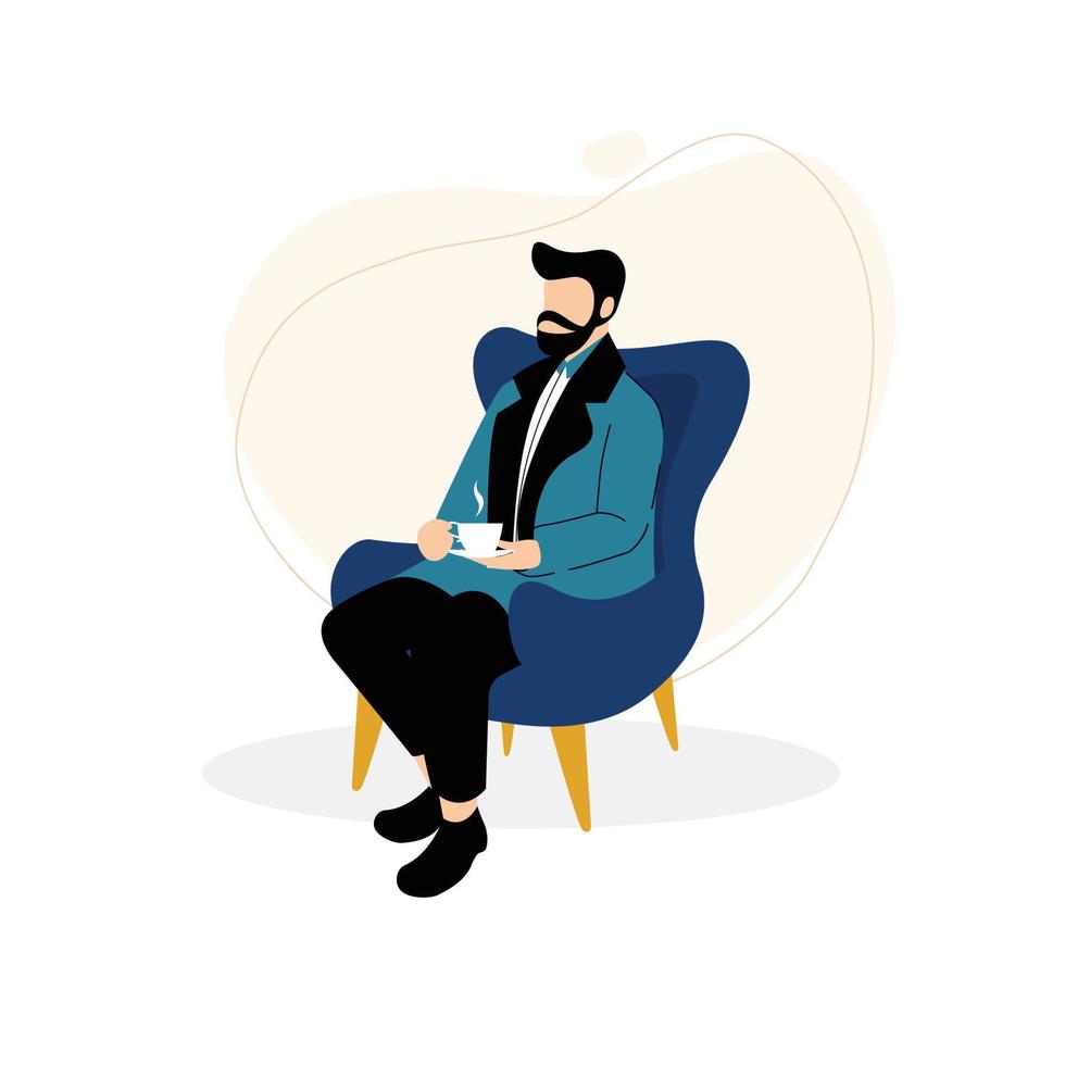 ilustración de diseño plano de un hombre barbudo sentado con una taza de café caliente vector