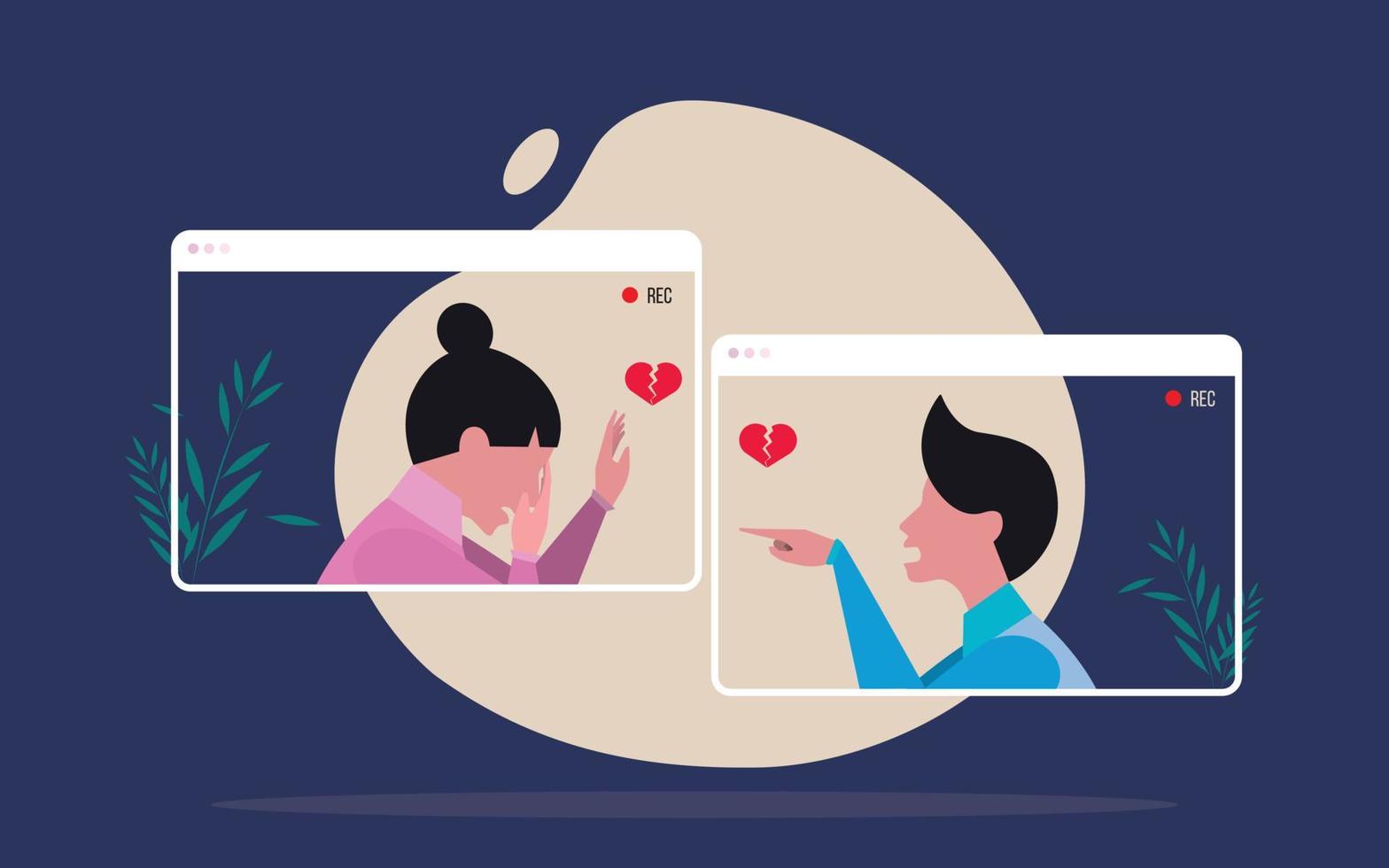 Unhappy moment - couples who can only meet via video call, corona makes them unable to meet. Flat Vector illustration