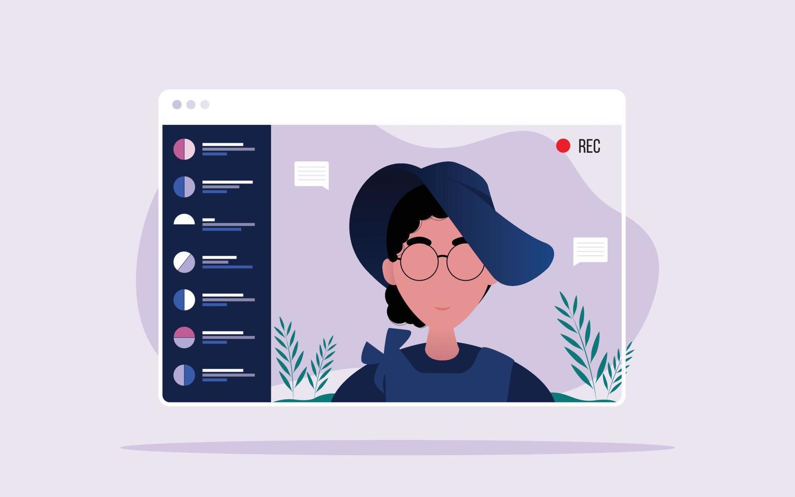 a woman who is undergoing an activity uses a video call to provide information to her audience. Flat Vector illustration