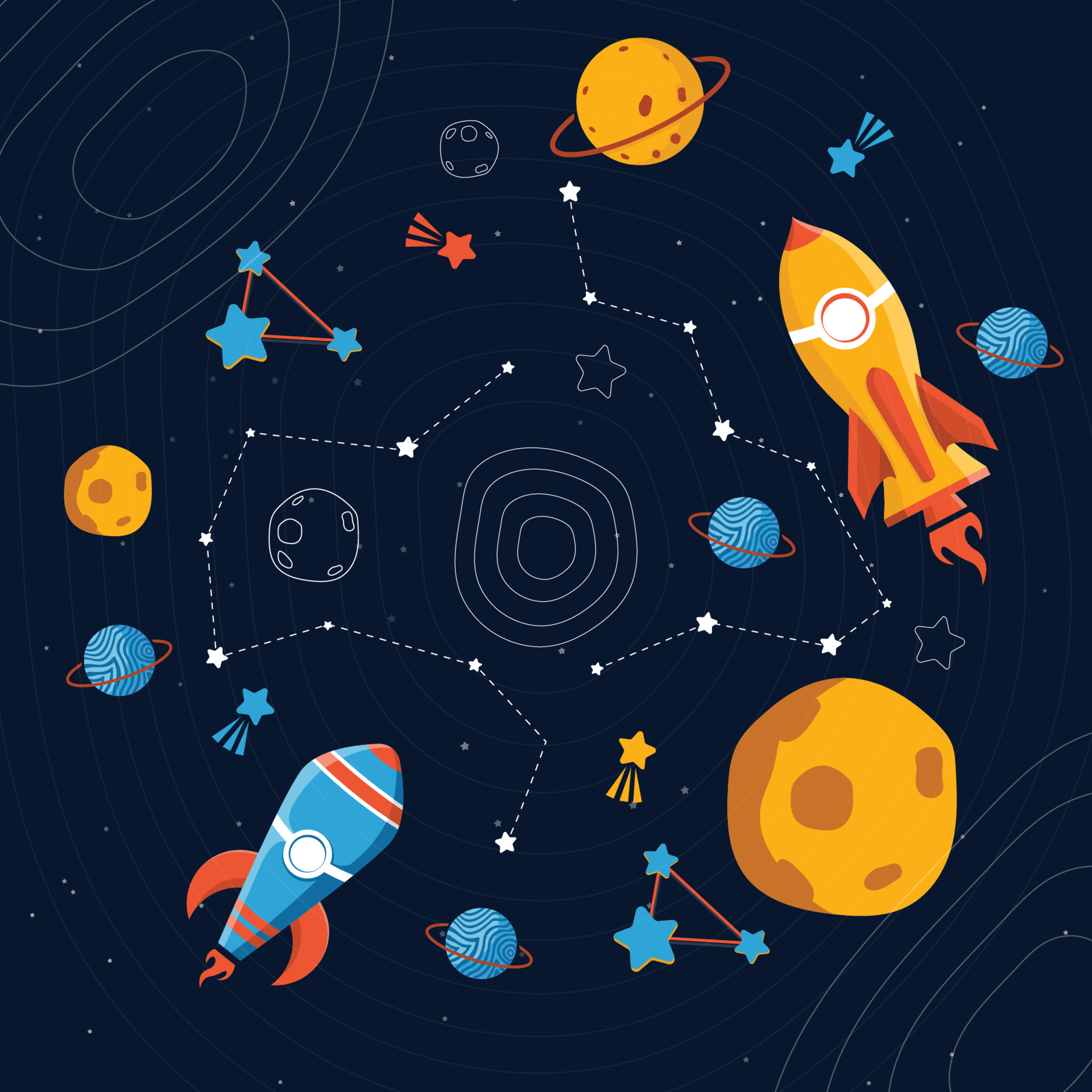 dark blue space theme illustration with rockets, stars