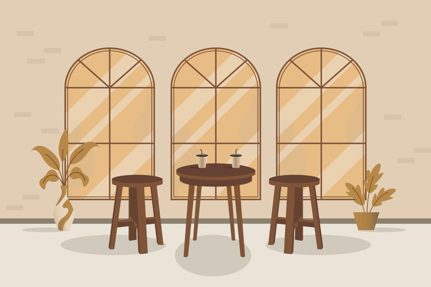 ilustración de un café con sillas y mesas de madera clásicas, así como un fondo de ventana clásico y algunas plantas como decoración, generalmente utilizadas para relajarse y tomar café. se puede utilizar para su vector