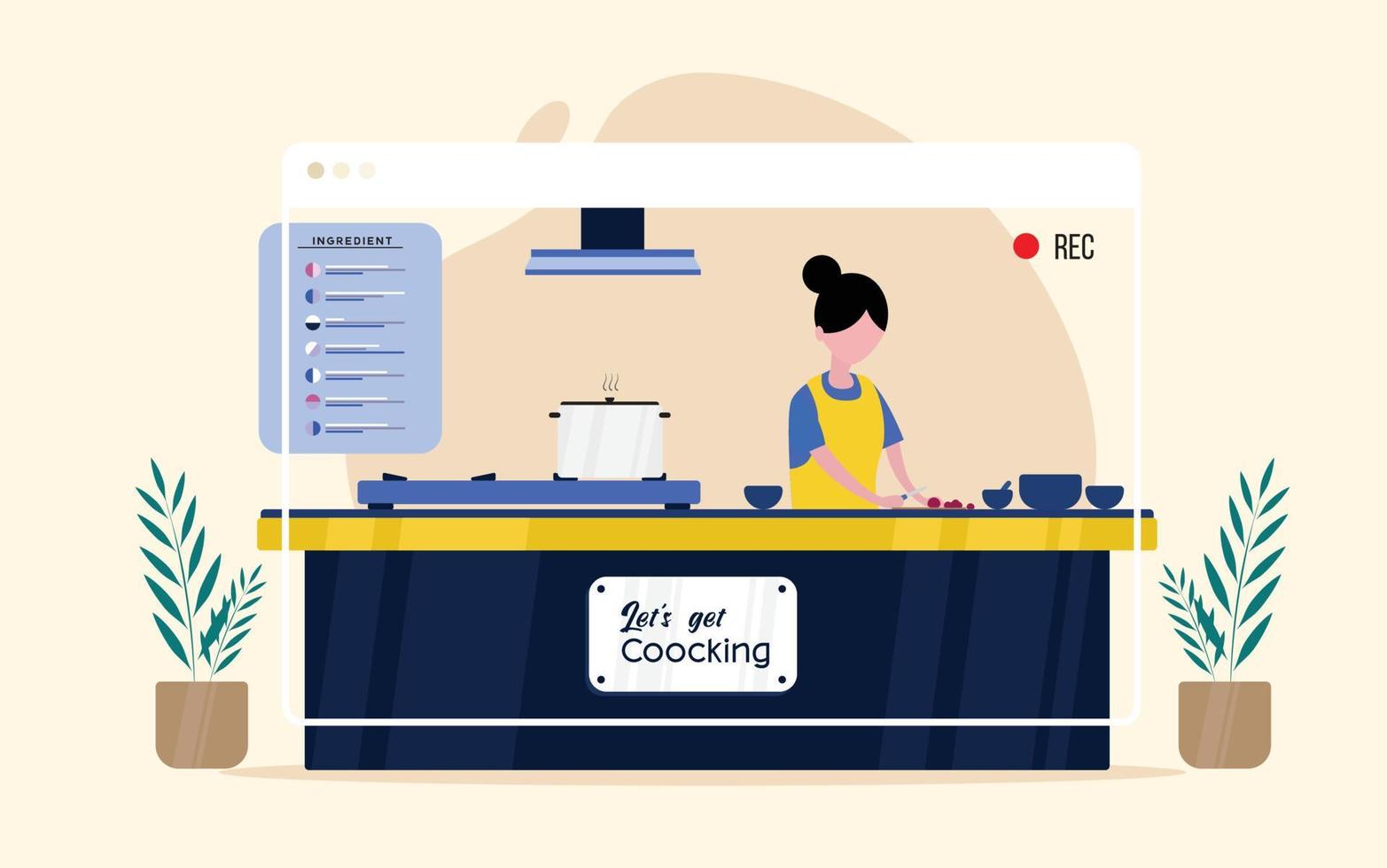 Cooking video blog on monitor display. Food blogger tells how to cook a dish. Woman chef teaches cooking a new recipe. Female follower study prepare food. Video tutorial. Flat Vector illustration