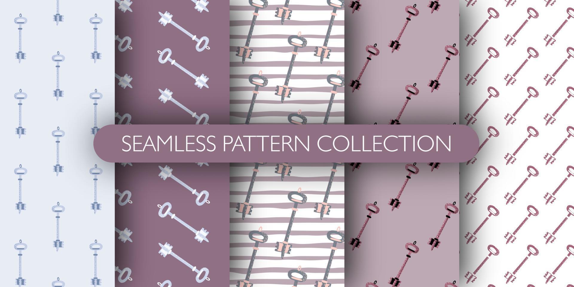Set of seamless hand drawn pattern with vintage keys silhouettes. vector