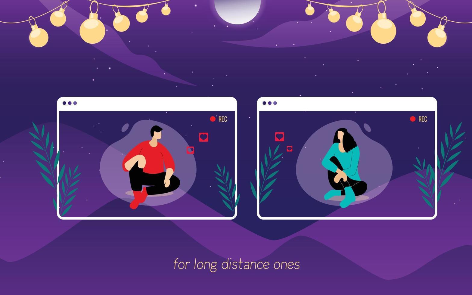 Romantic moment - couples who can only meet via video call, corona makes them unable to meet. Flat Vector illustration