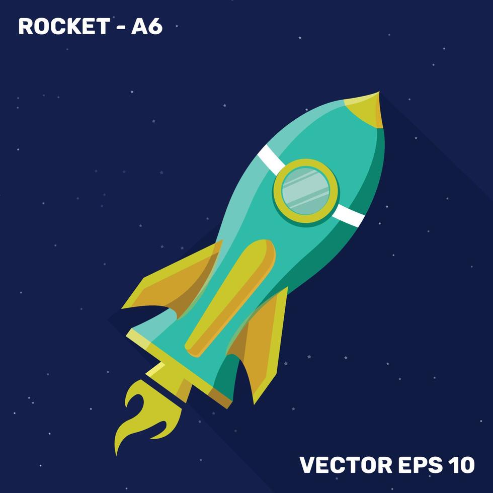 ilustración de cohete, cohete de diseño plano con color cian y amarillo de formas adecuadas para temas infantiles vector