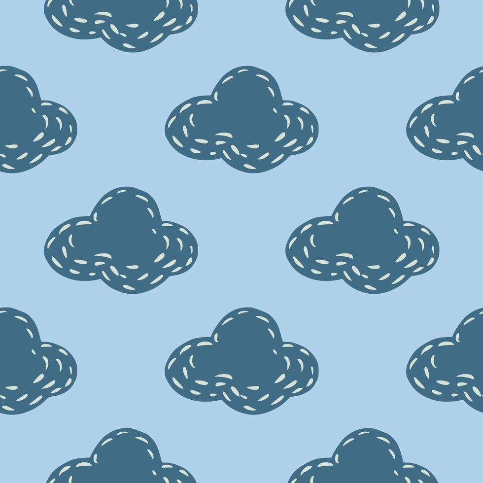 Minimalistic seamless sky pattern with clouds abstract silhouettes. Hand drawn shapes in blue and navy palette artwork. vector