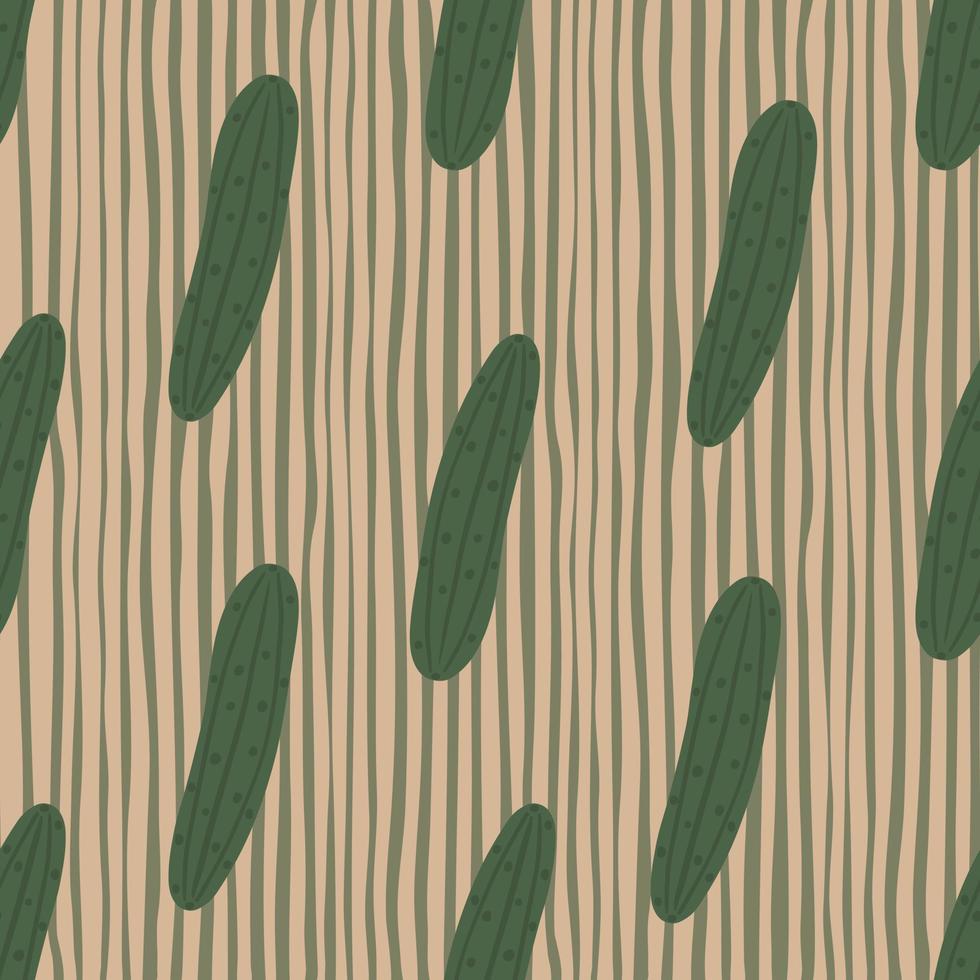 Green cucumber seamless pattern on stripes background. Cucumbers vegetable endless wallpaper. vector