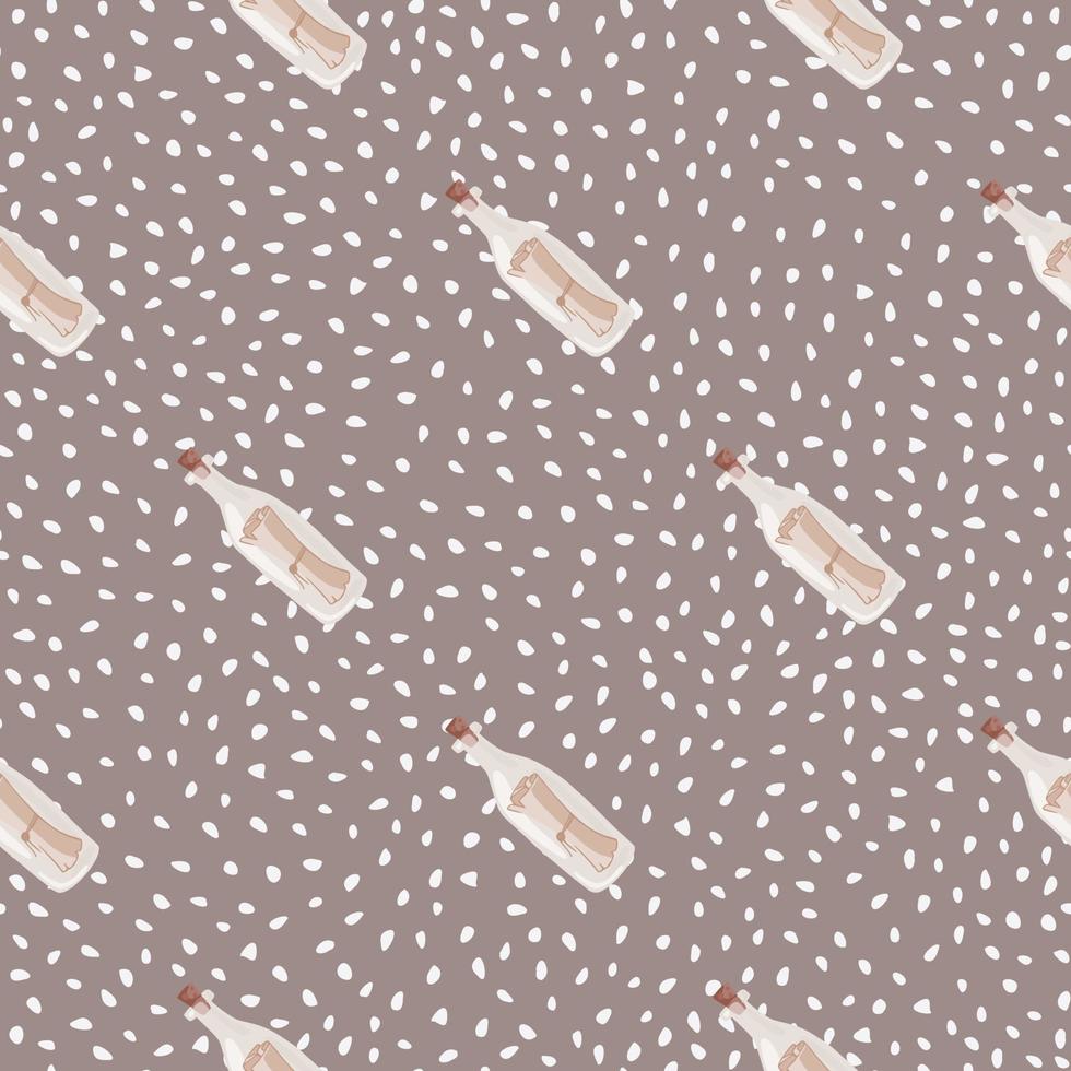 Nautical seamless pattern with doodle bottle with message print. Beige background with dots. Simple print. vector