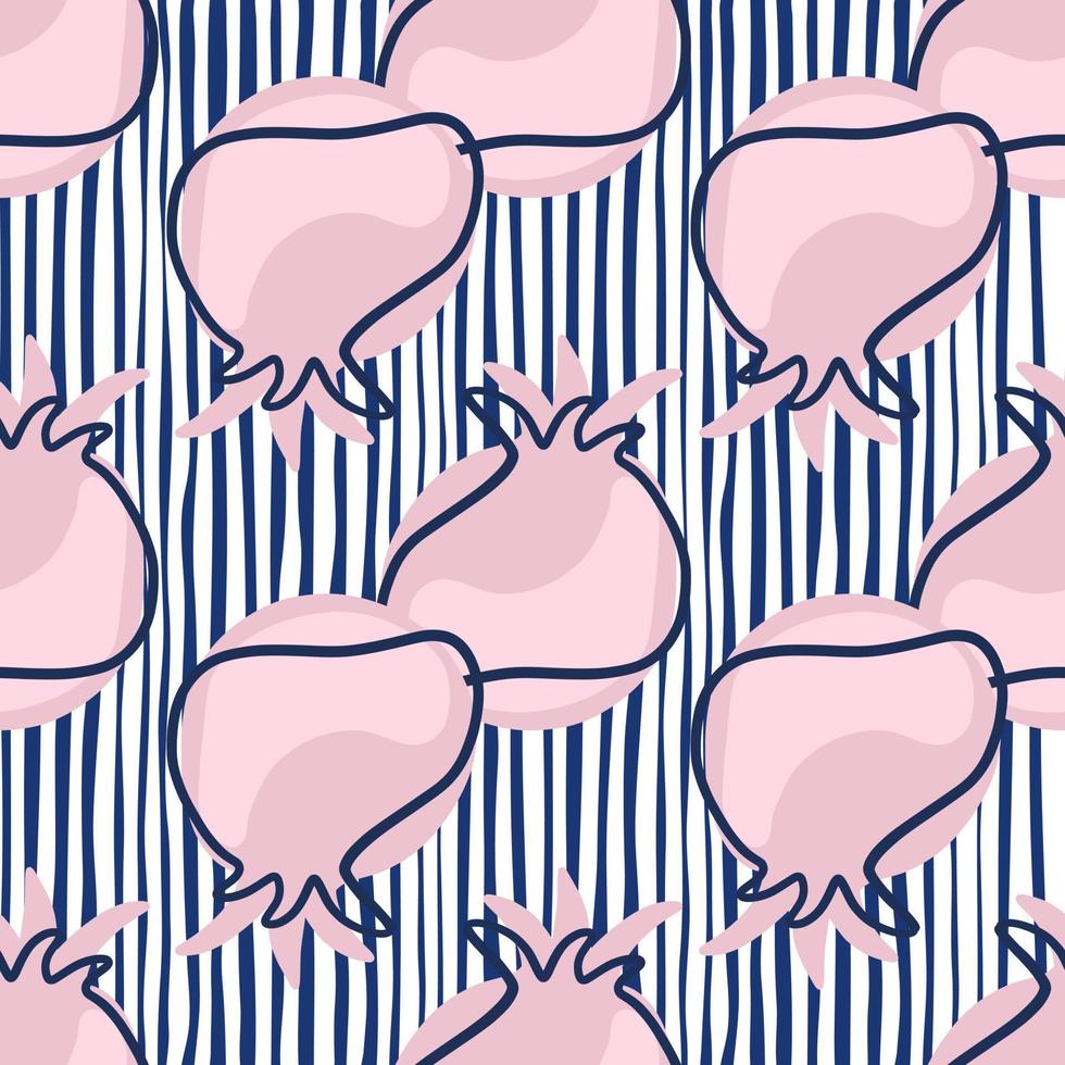 Lilac contoured pomegranate elements seamless doodle pattern. Striped white and navy blue background. vector