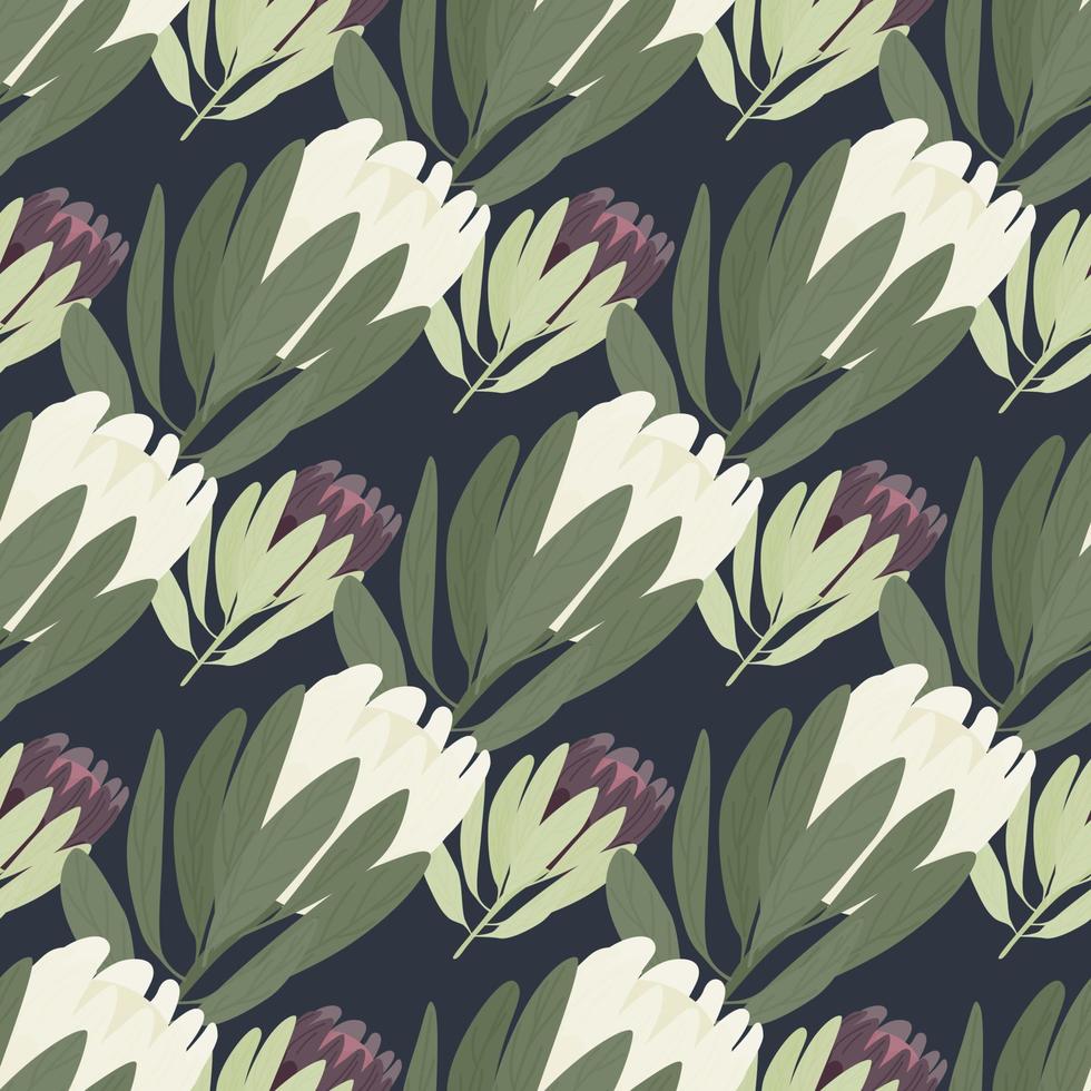 Doodle botanic seamless pattern with protea flowers silhouettes print. Navy blue background. vector