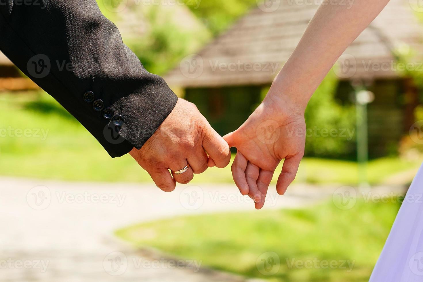 Closeup Hands of a Couple Held Together Focus on Ring. photo
