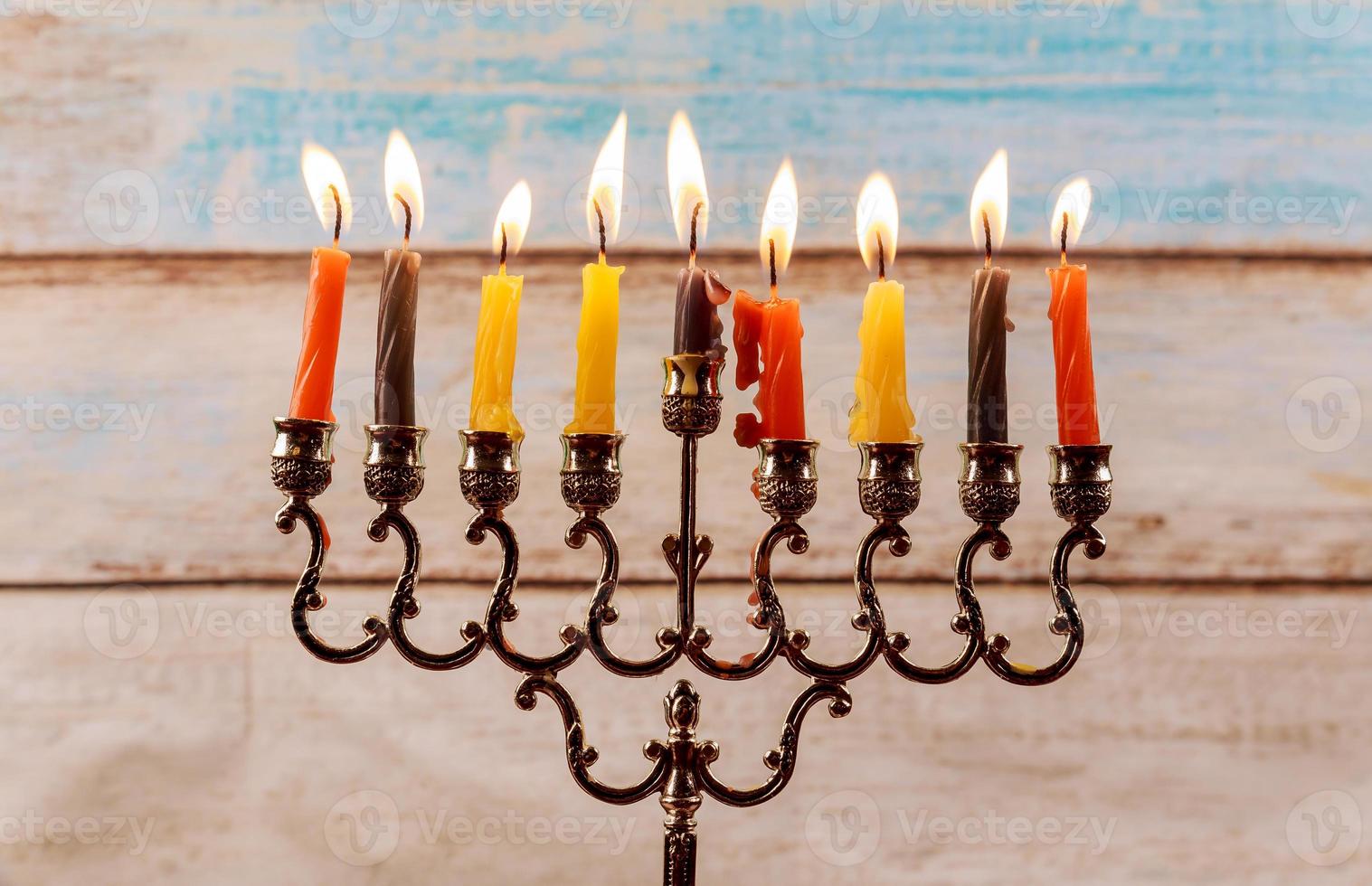 Jewish holiday Hanukkah creative background with menorah. photo