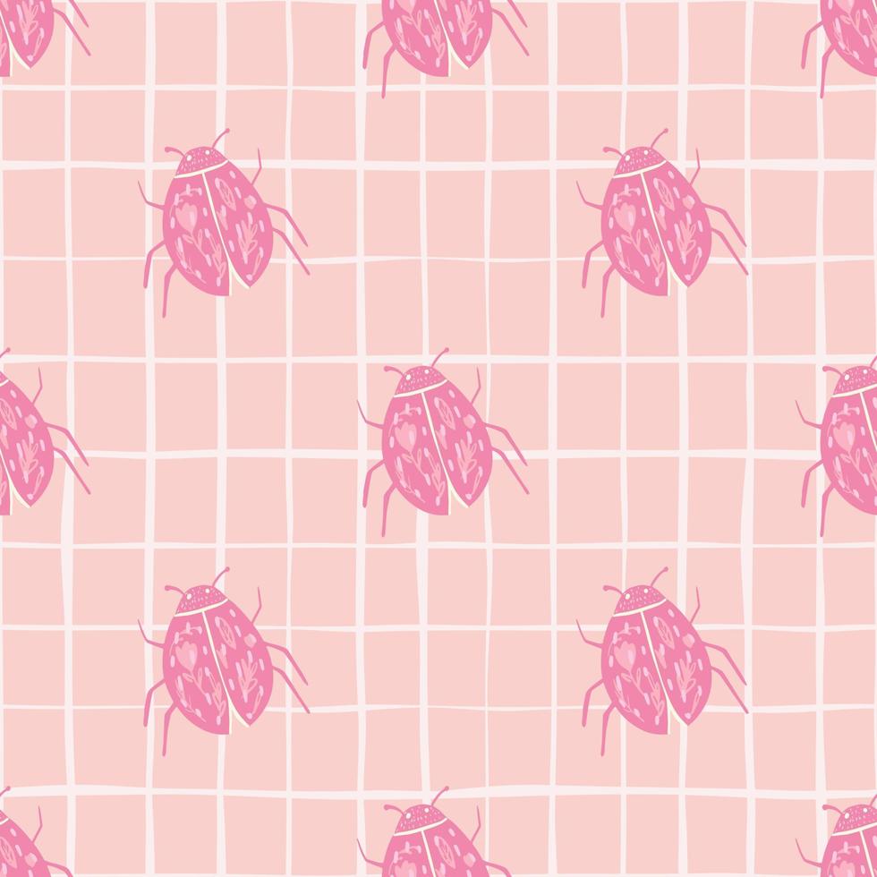 siluetas de mariquita patrón de garabato sin costuras. patrón botánico de verano estilizado con insectos en tonos rosas y fondo a cuadros. vector