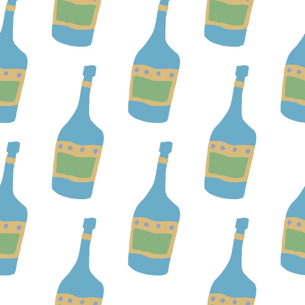 Doodle glass bottle seamless pattern on white background. Alcohol bar bottles in doodle style. vector