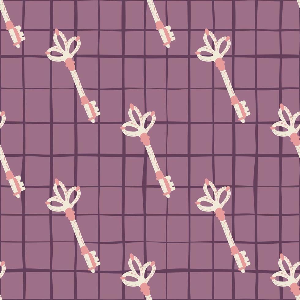 Seamless pattern with doodle simple pink and white colored keys shapes. Purple light chequered background. Vintage backdrop. vector