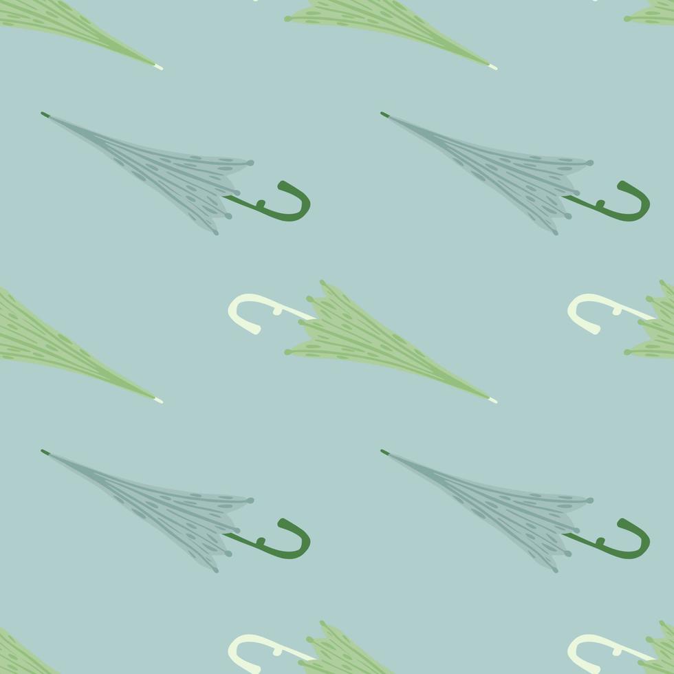 Minimalistic season seamless pattern with green and blue colored umbrella print. Pastel background. vector