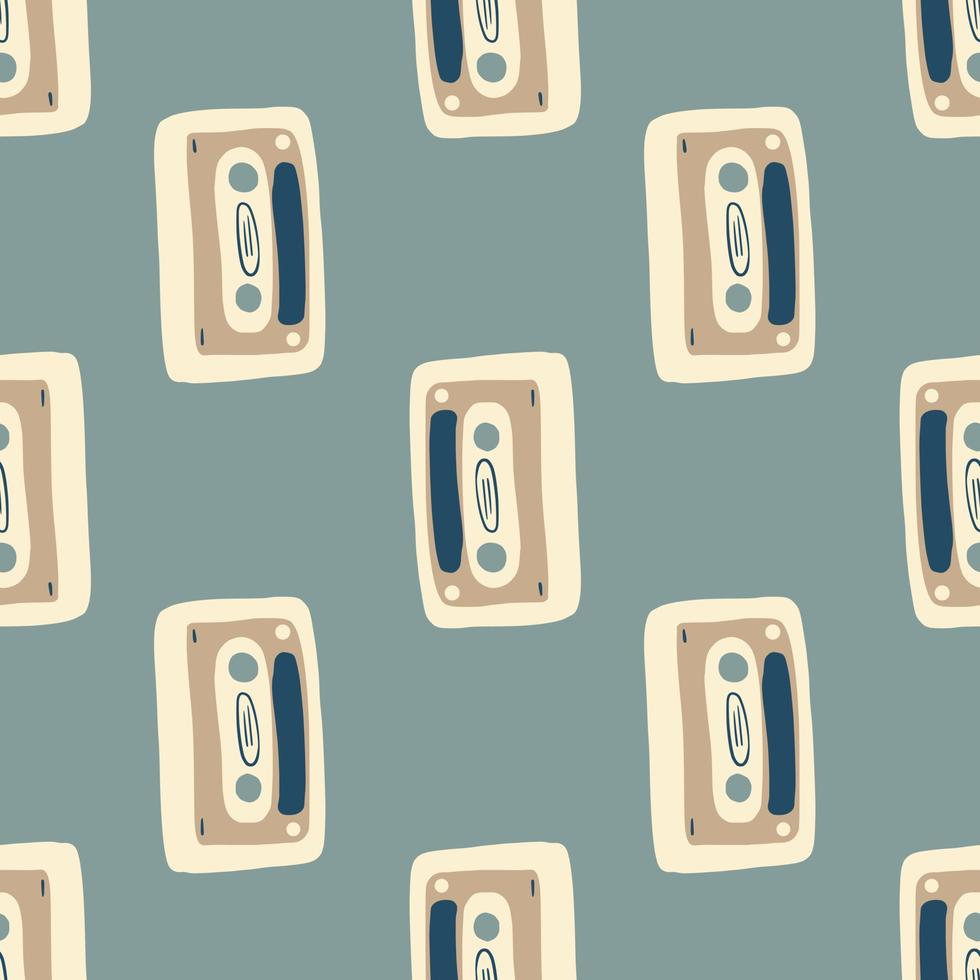 Beige cassette ornament seamless doodle pattern. Pastel navy blue background. Minimalistic music theme print. vector