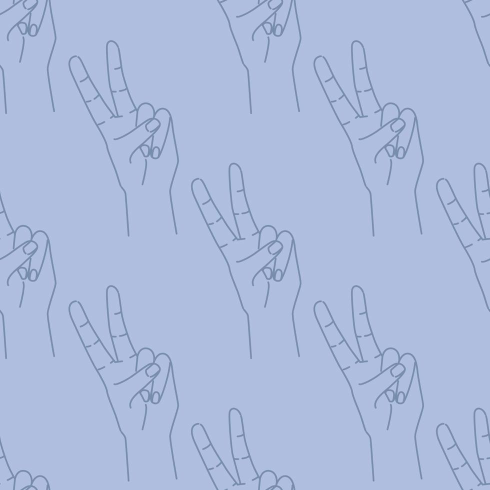 Seamless pattern of hand drawn doodle sketch peace sign. Silhouette contour on a blue background. Hand drawn expression gesture. vector