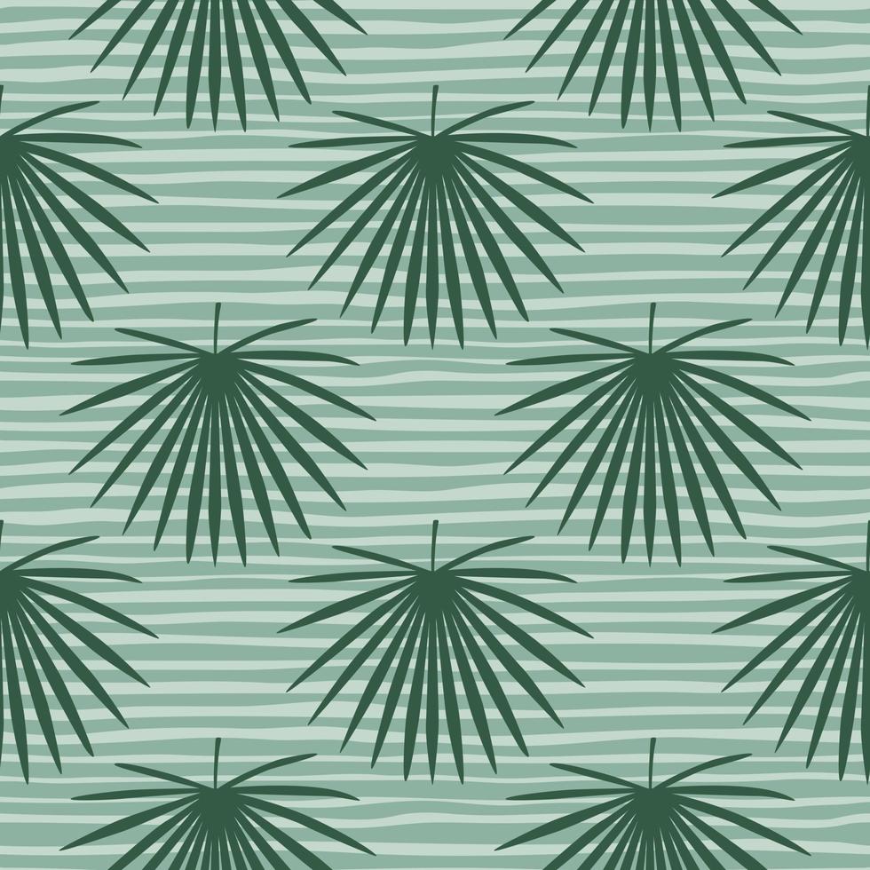 Seamless pastel soft botanic pattern with talipot leaf ornament. Green color elements on blue pastel striped background. vector