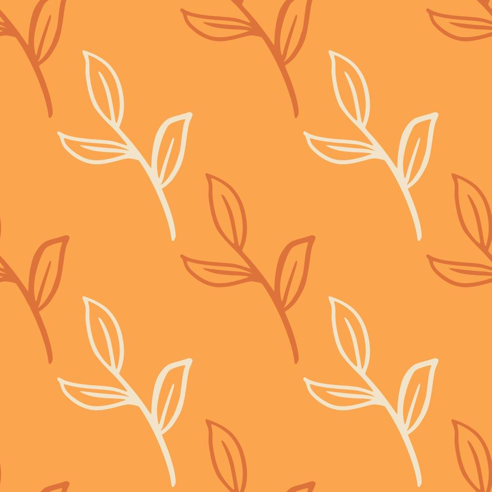 Contoured minimalistic floral leaves branches seamless doodle pattern. Orange pastel background. vector
