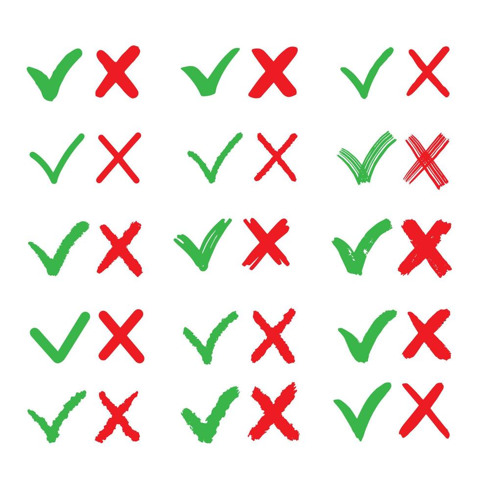 A large set of green ticks and red crosses in different styles. Vector illustration with symbols.