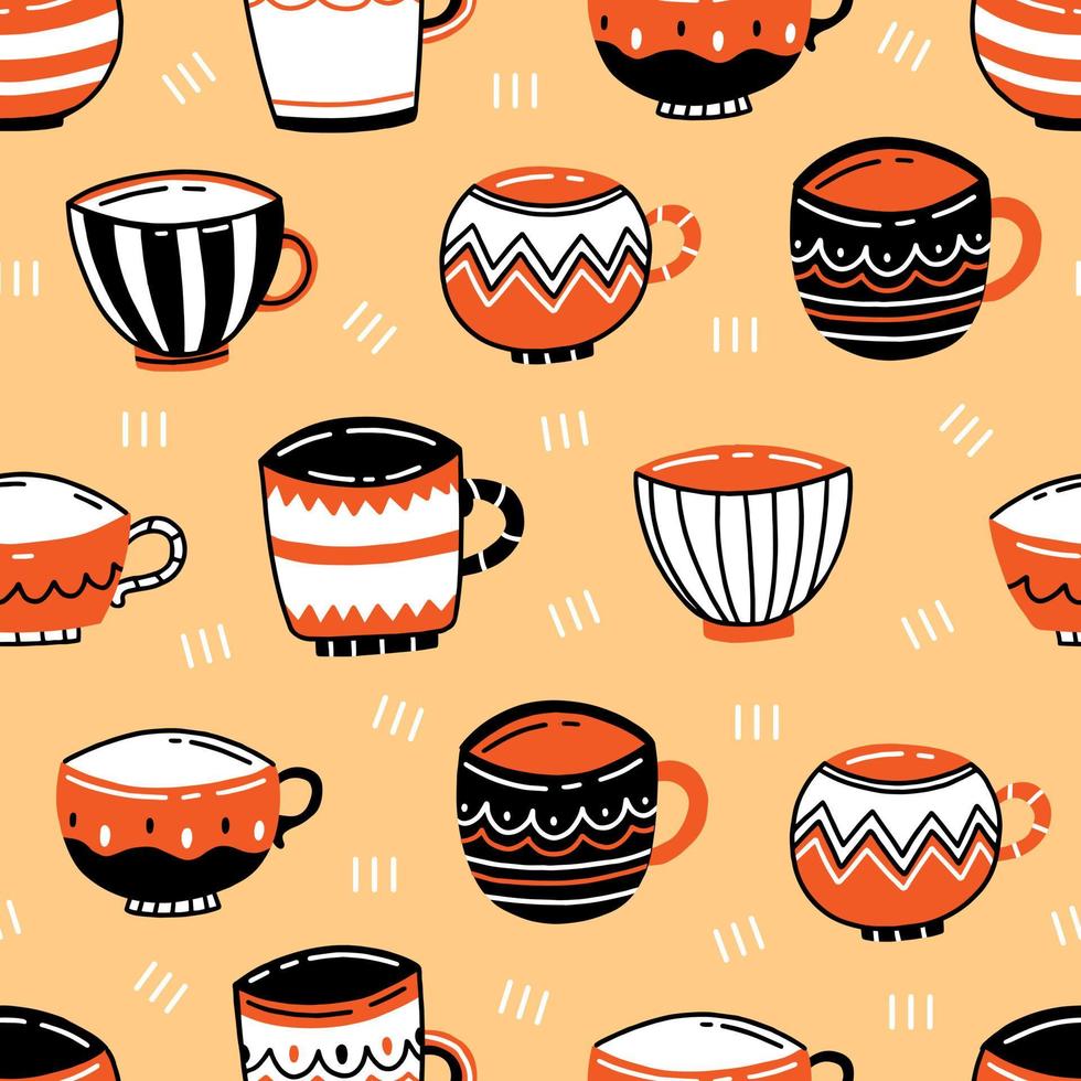 Seamless pattern with colored ceramic cups in a cute doodle style on an orange background. Vector illustration background.