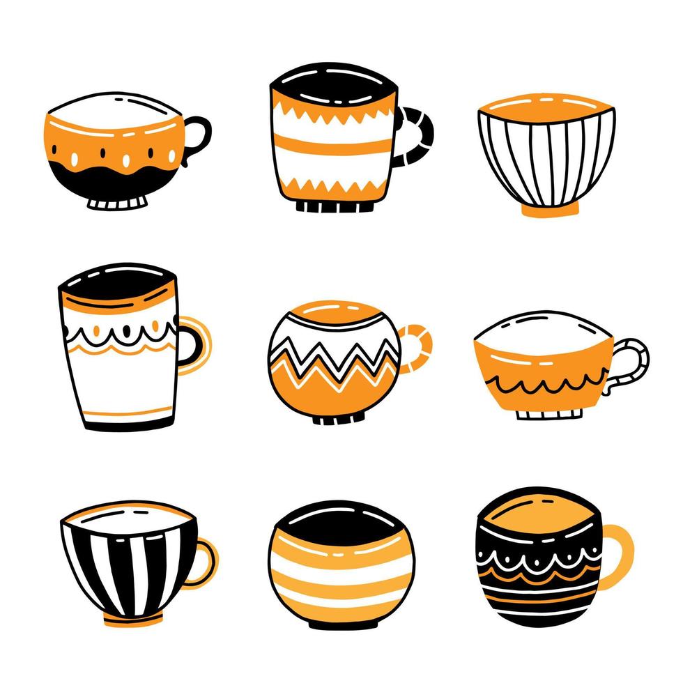 un juego de tazas o tazas de cerámica variadas con patrones en un estilo de garabato simple. ilustración vectorial aislado sobre fondo blanco. vector