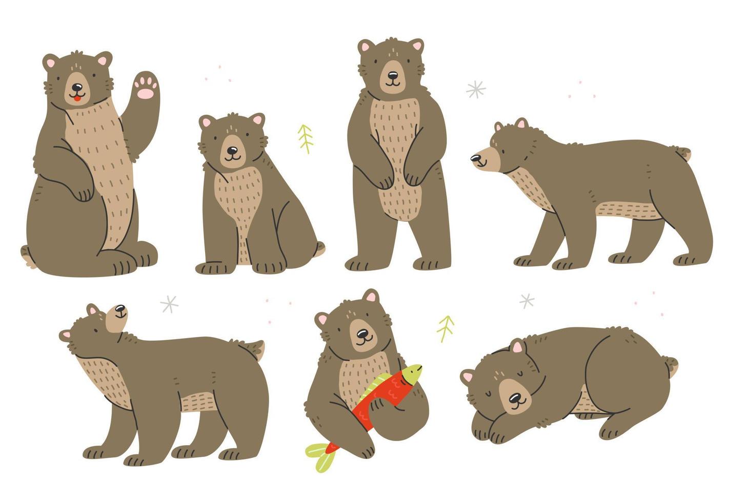 Set of bears characters in cute cartoon style. Vector isolated illustration