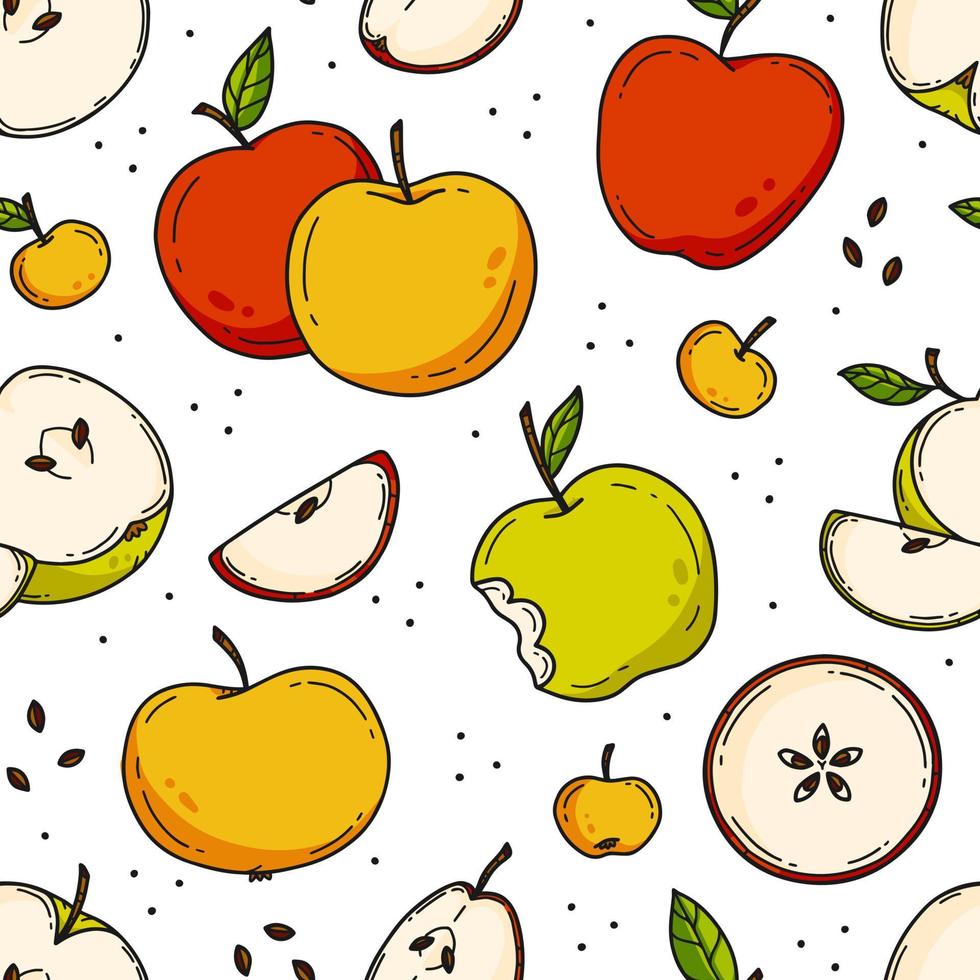 Seamless pattern with apples in cute doodle style. Vector illustration on white background. Background with fruits, apples, apple slices.