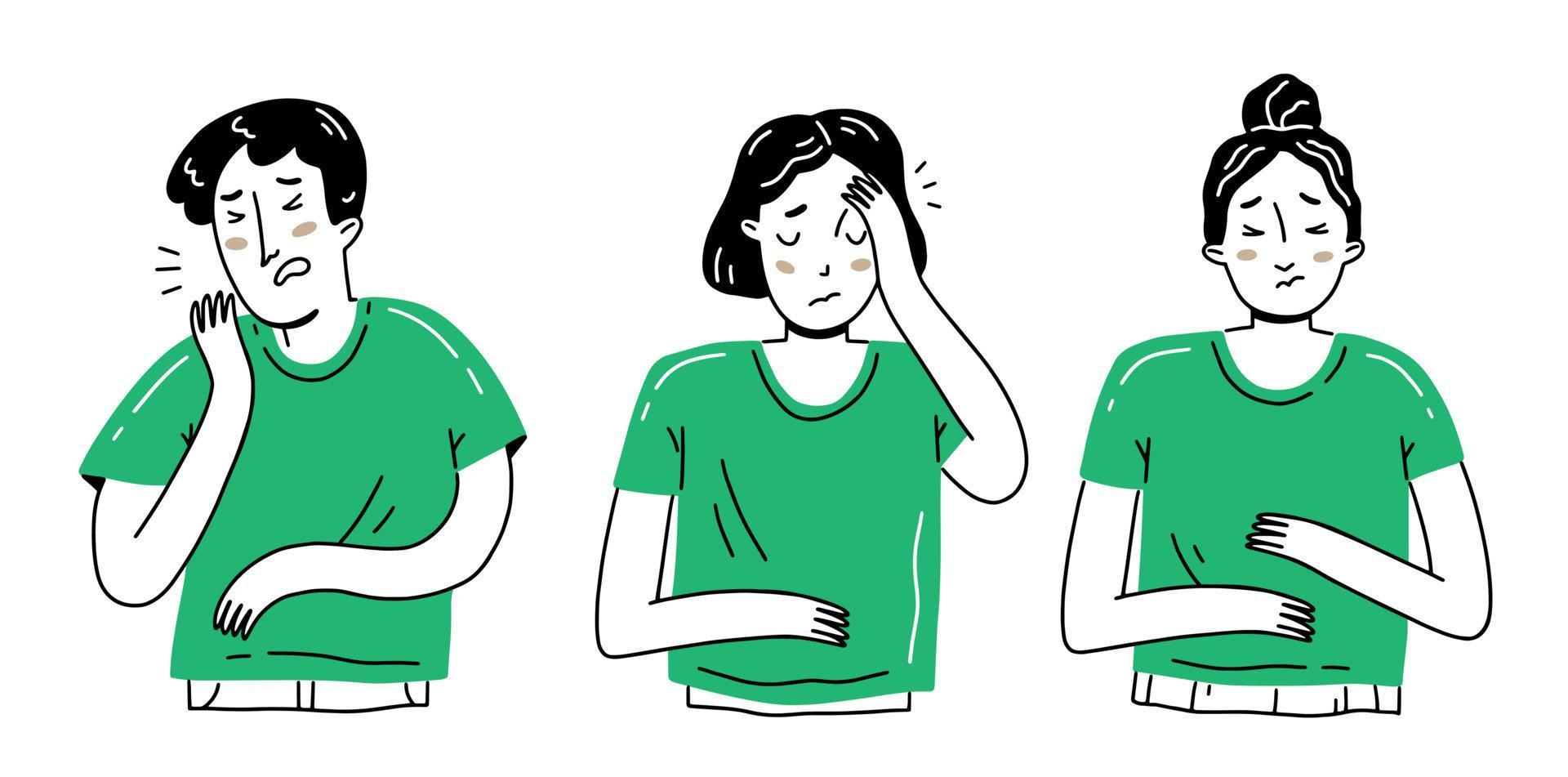 Simple doodle style set with sick people. The man is coughing, his head