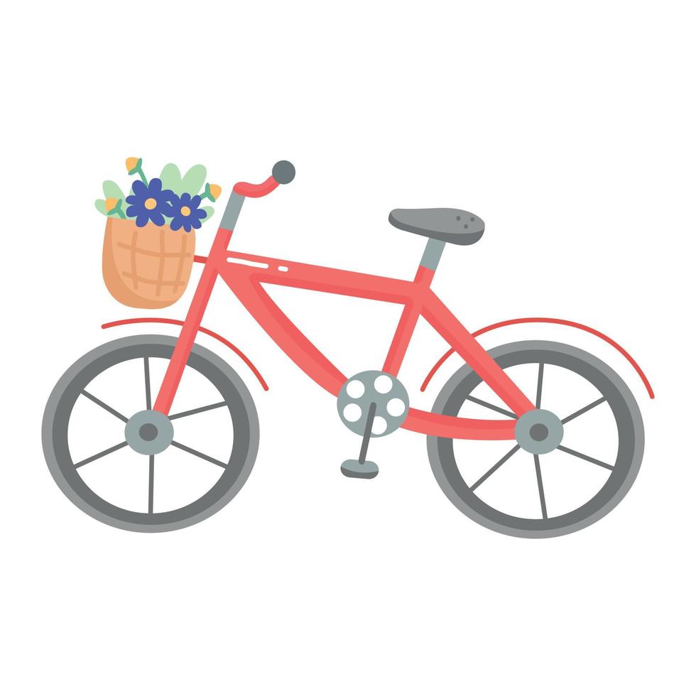 Red bicycle with a basket of flowers in a cartoon flat style. Vector illustration isolated on background.