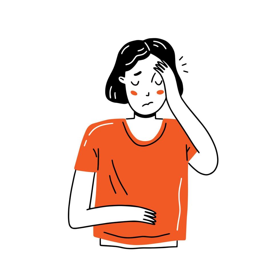 The young girl has a headache. Woman character in simple stylized cartoon doodle style. Vector illustration.