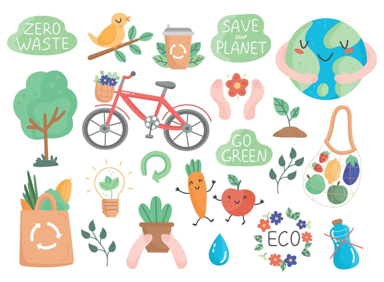 Eco set in cartoon cute style. Collection of eco friendly design elements. Vector illustration isolated on background.