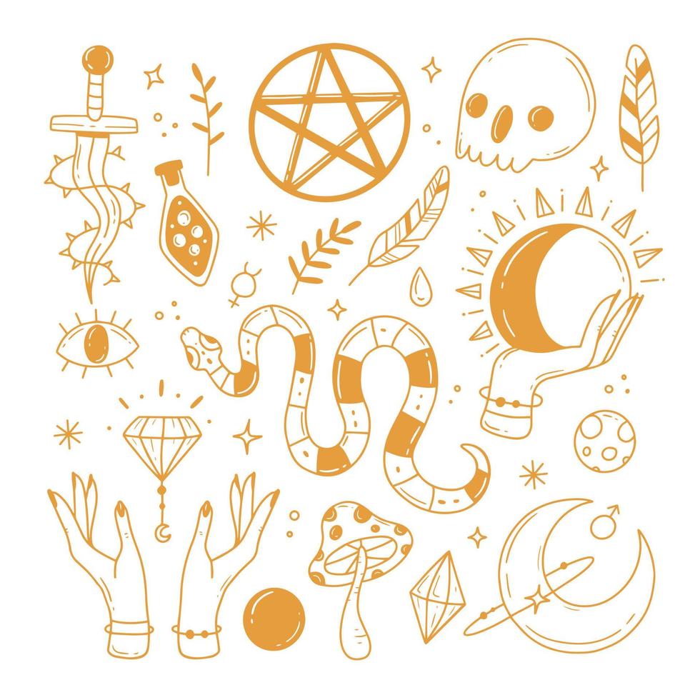 A set of elements on the theme of magic, esotericism, astrology in gold colors in a doodle style. Vector illustration with elements isolated on background.