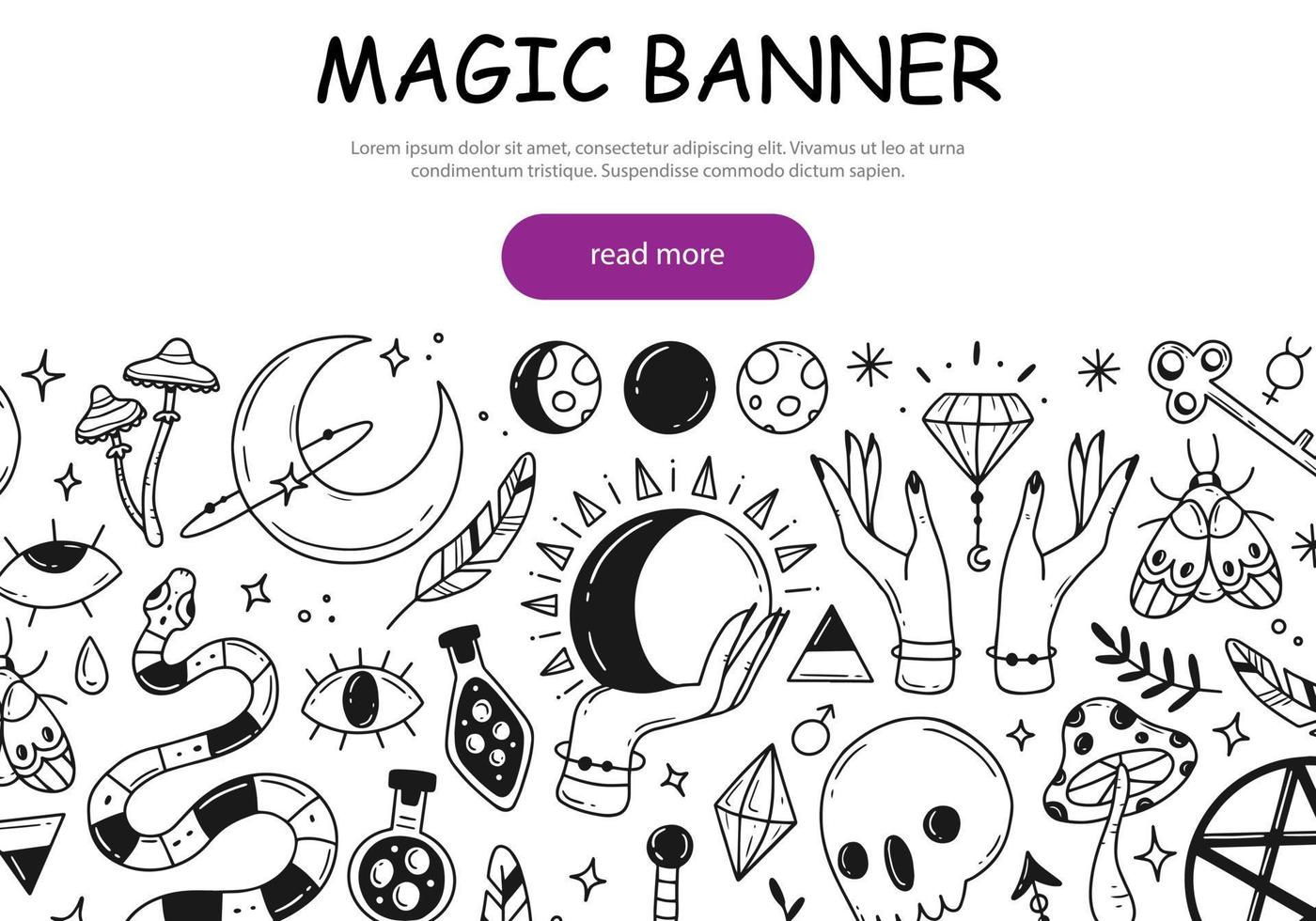 Concept of web banner on the theme of magic and esotericism with cute doodle elements. Vector black and white illustration for sites, web banners.